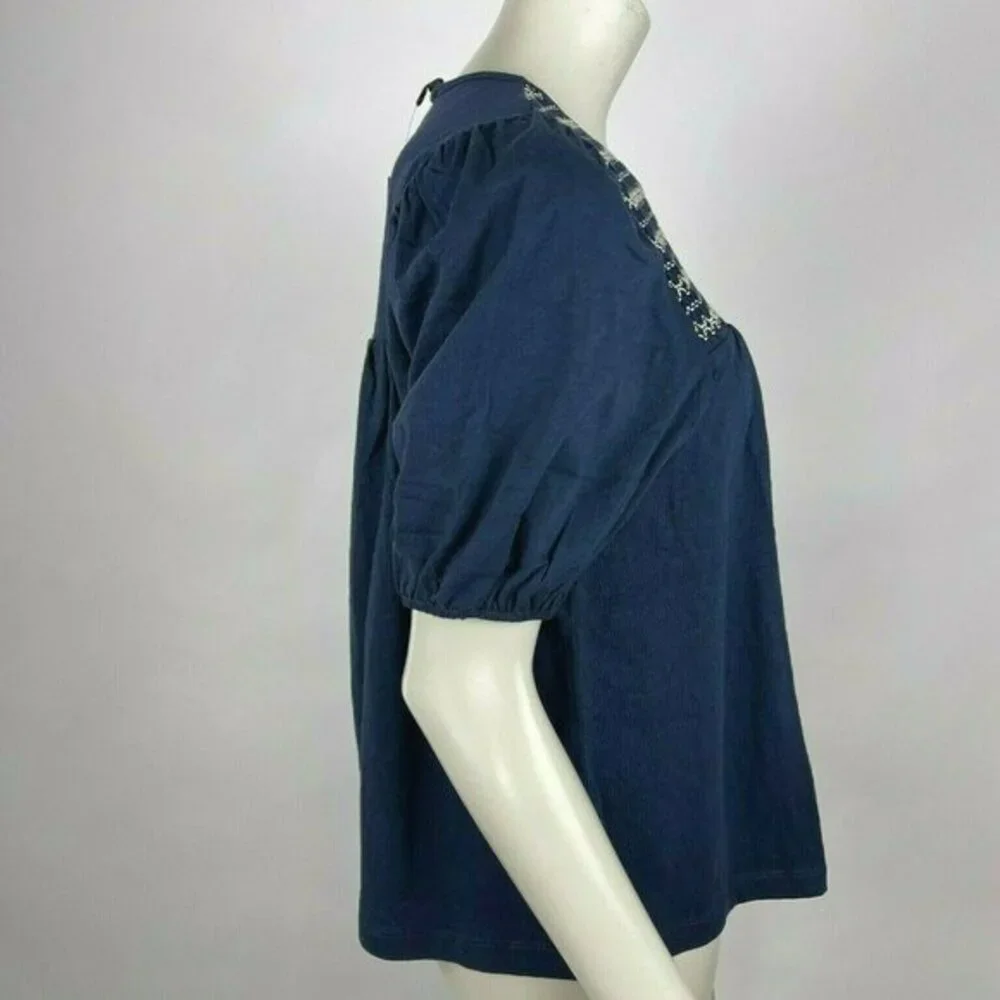 J Crew Puff-sleeve T-shirt Smocked Yoke Short Sleeve Round Neck Navy Women S NWT